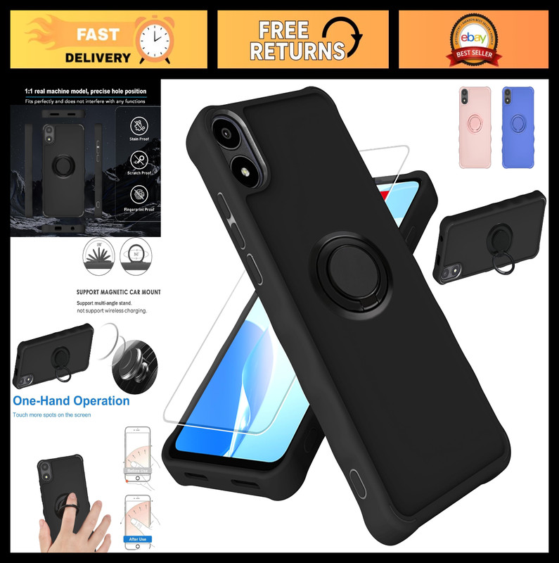 A67L Phone Case Cover with Tempered Glass Protector, 2MM Thick, Ring Support – B
