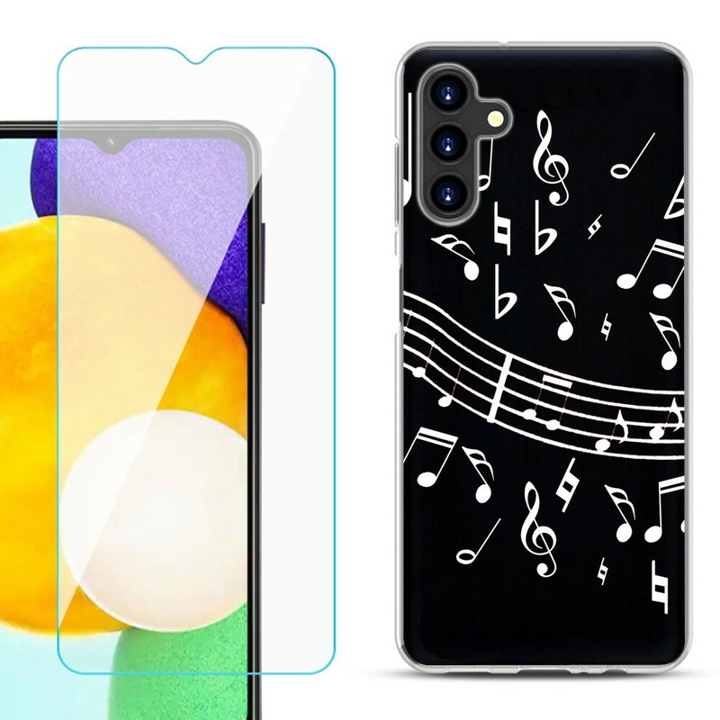 Case for Samsung Galaxy A13 5G, w/ Tempered Glass – Music Notes / Black
