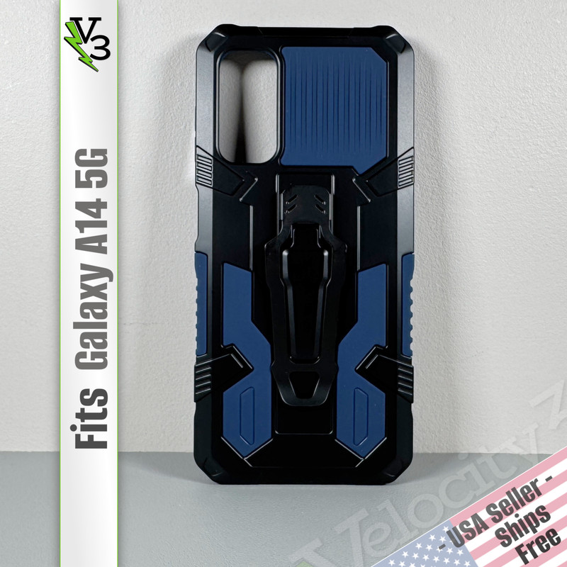 Case for Galaxy A14 5G – Black & Blue | Rugged Textured Grip Armor | Belt Clip