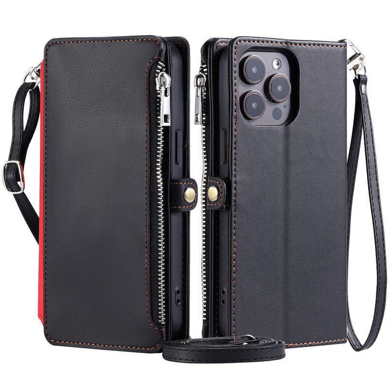 For iPhone 16e 2025/15/16 Pro Max Retro Leather Flip Zipper Wallet Case+Strap