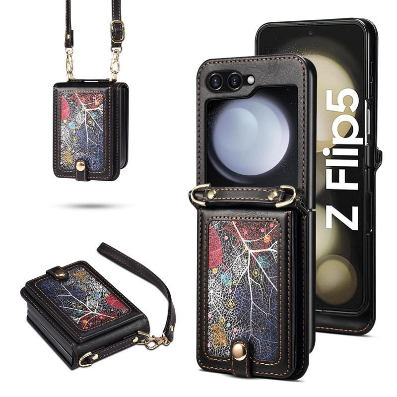 For Samsung Galaxy Z Flip 7 FE/7/6/5/4/3 Crossbody Strap Leather Card Slots Case