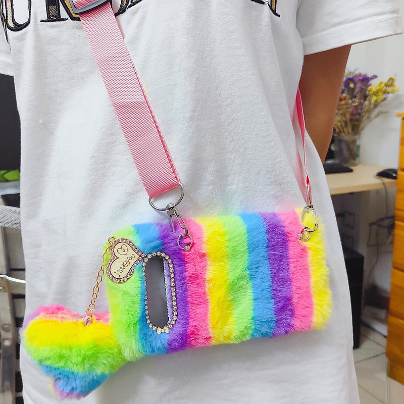 Women Heart Bling Rabbit Fur Soft Fluffy Plush Rubber Shockproof Crossbody Case