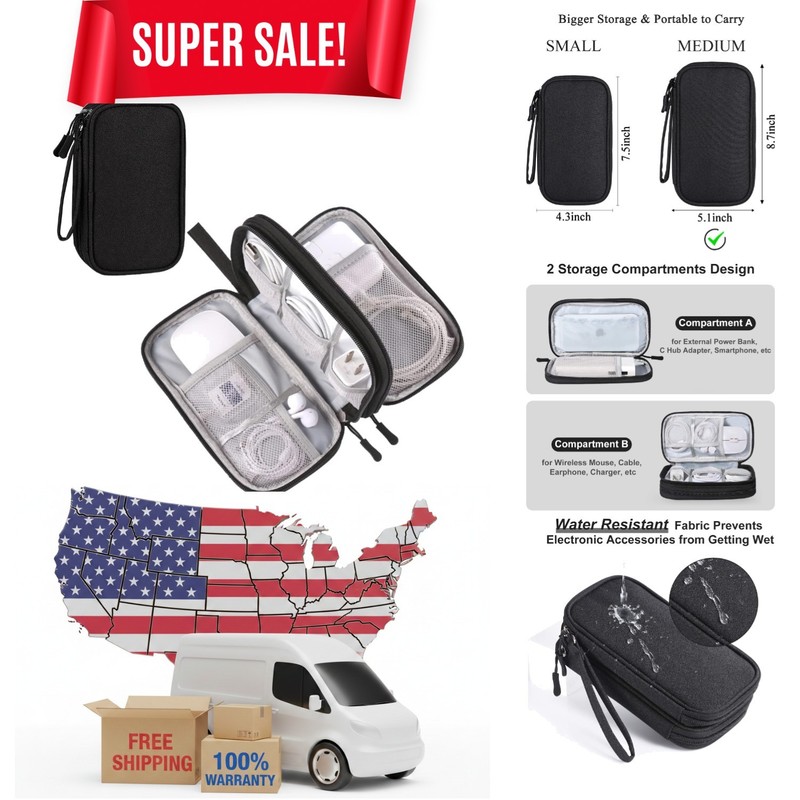 Elegant Tech Kit for Travel – Black Waterproof Organizer with Dual Compartments