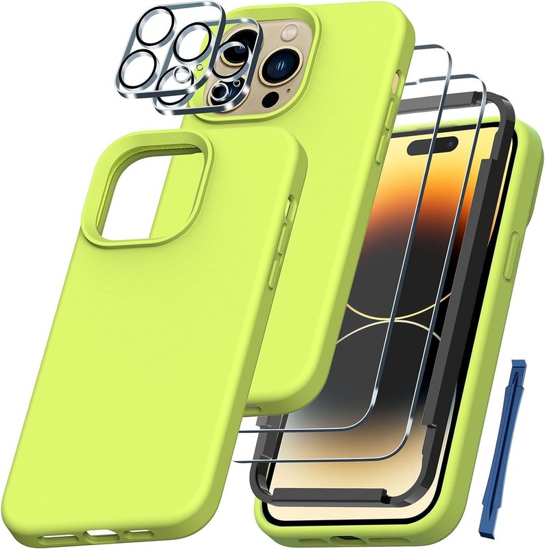 QHOHQ [5 in 1] for iPhone 14 Pro Max Case Fluorescent Yellow Silicone 6.7 inch