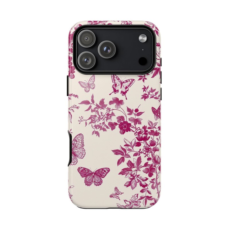For iPhone, Galaxy, Pixel – Phone Case – Toile De Jouy Pink Butterfly