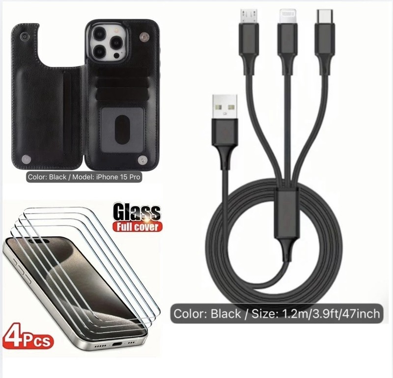 iPhone 15 Pro Black Wallet Case Bundle 4 Pack Tempered Glass 3-in-1 Cable