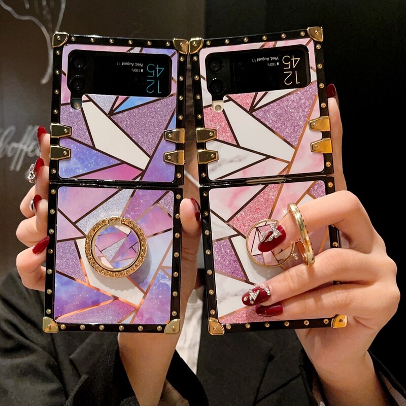 For Samsung Galaxy Z Flip 4 Flip 3 Glitter Bling Marble Shockproof Square Case