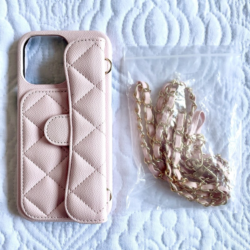 Pink Quilted Wallet Style iPhone 15 16 17 Pro Case With Detachable Chain Strap