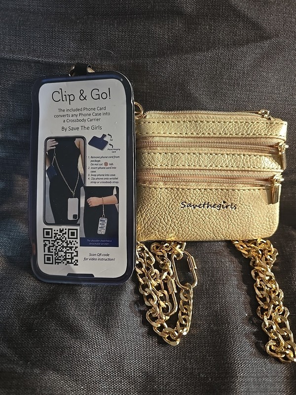 NEW SAVE THE GIRLS GOLD CHAIN POUCH CROSS BODY CLIP & GO CELL PHONE WALLET NWT