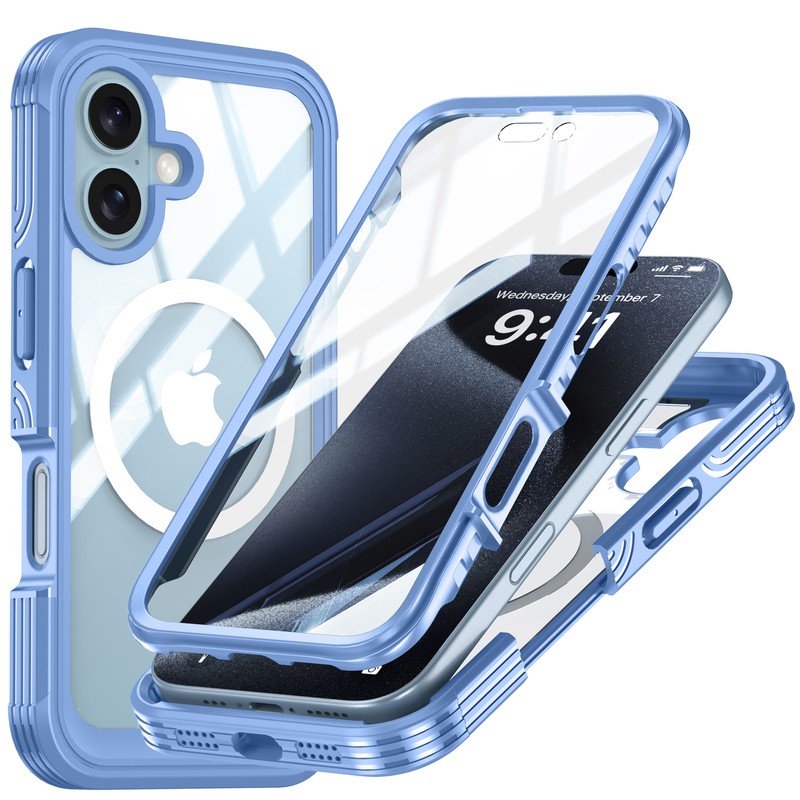 For iPhone 16 Pro Max 16e Full Body Clear Mag Safe Case with Screen Protector