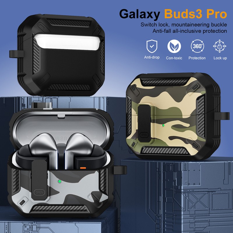 For Samsung Galaxy Buds 3/3 Pro Shockproof Camouflage Pattern Lock Case+Keychain