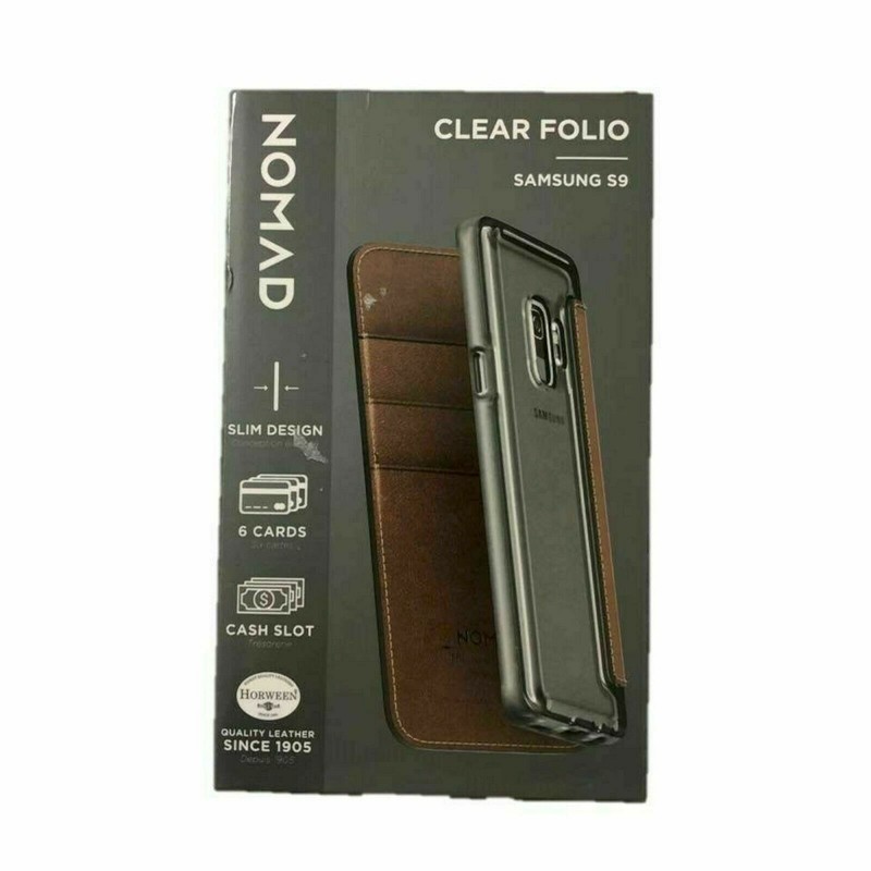 NEW Nomad Leather Folio Phone Case BROWN/CLEAR for Samsung Galaxy S9 Rugged