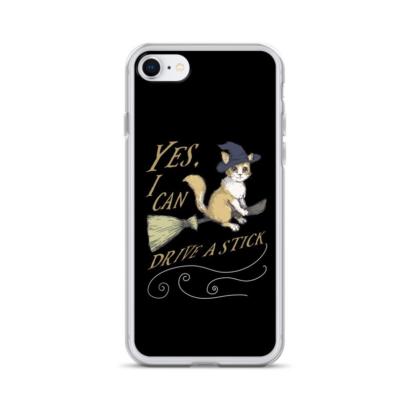 Yes I Can Drive A Stick Funny iPhone Case Cute Halloween Cat Witchy Phone Case