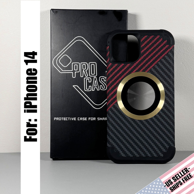 Case for iPhone 13/14 – Red Carbon Fiber Pattern | Gold Magnetic Circle