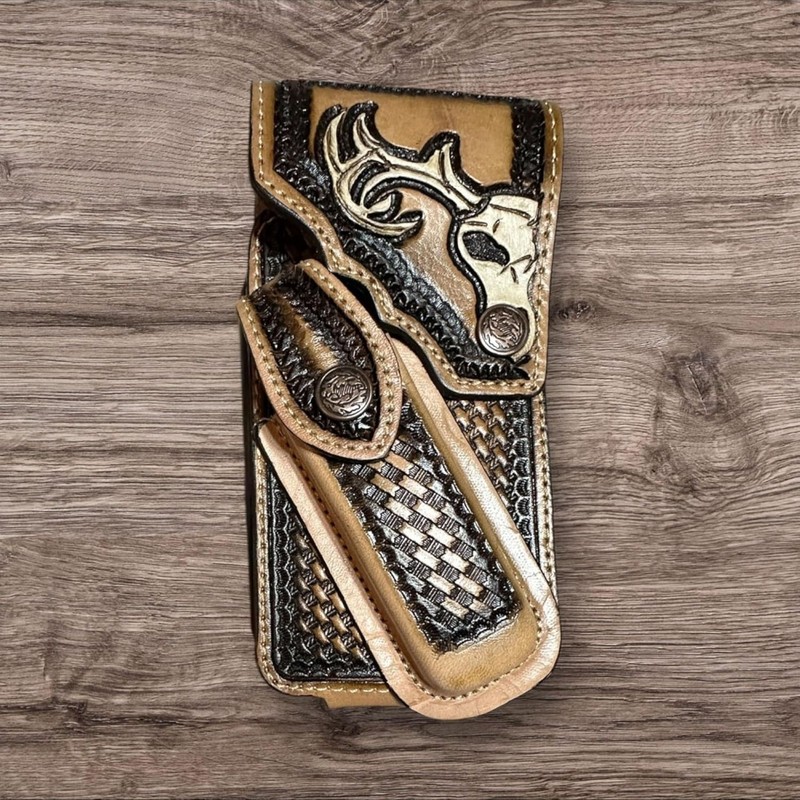 7" DEER STYLE#1 WESTERN LEATHER POUCH BELT LOOP PHONE HOLSTER CASE #EH12975 gallery