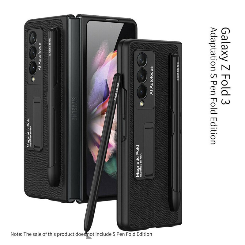 For Samsung Galaxy Z Fold3 Solid Color Leather Metal Bracket Pen Slot Phone Case