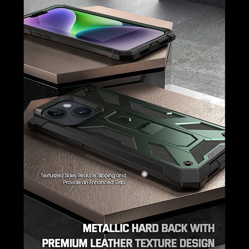 For iPhone 14 Case with Screen Protector, Rugged Cover w/Stand Metallic Green