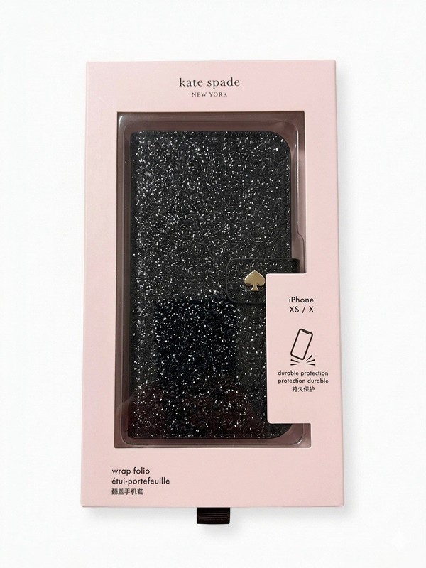 Kate Spade New York iPhone XS X Wrap Folio Case Glitter Black Sparkle WIRU1209