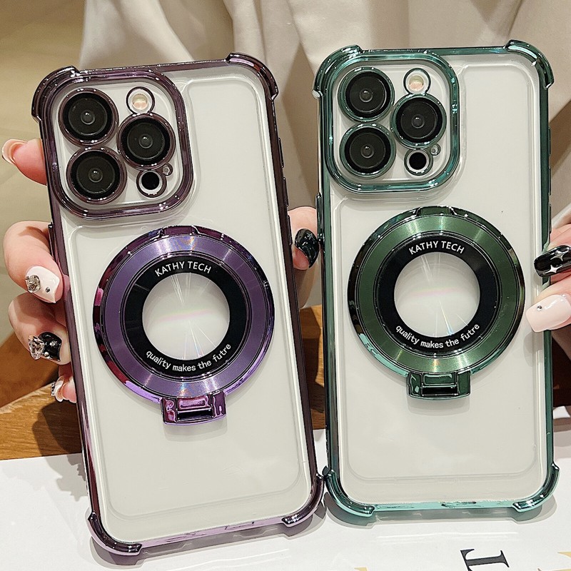 For iPhone 15 14 13 12 11 Pro Max Shockproof Clear Case with Magnetic Ring Stand