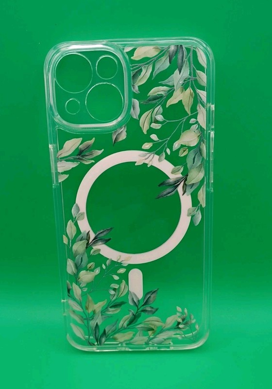 iPhone 14 Phone Case, MagSafe Compatible, Green Leaf Pattern w/Clear Background