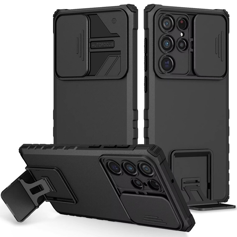 For Samsung S25 Ultra Case Dual Layer Camera Protection Stand + Tempered Glass