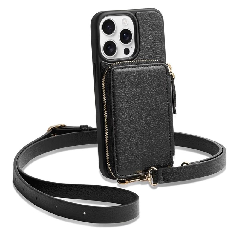 ZVE Wallet Case IPhone 13 Pro Max Crossbody RFID Card Holder Strap Black Zipper