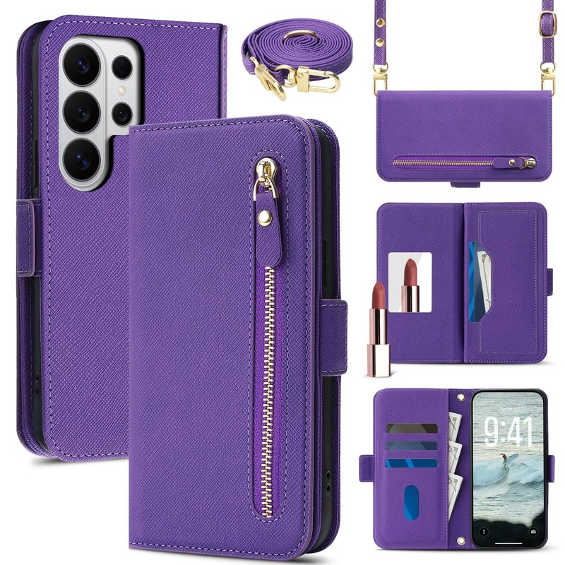 RFID Crossbody Zipper Mirror Wallet Case Fr Samsung Galaxy S26 Ultra S25 S24 S23 gallery