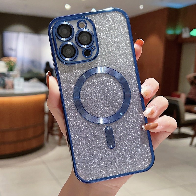 For iPhone 16 Pro Max 15 14 Glitter Plating Case Magnetic Lens Protection Cover
