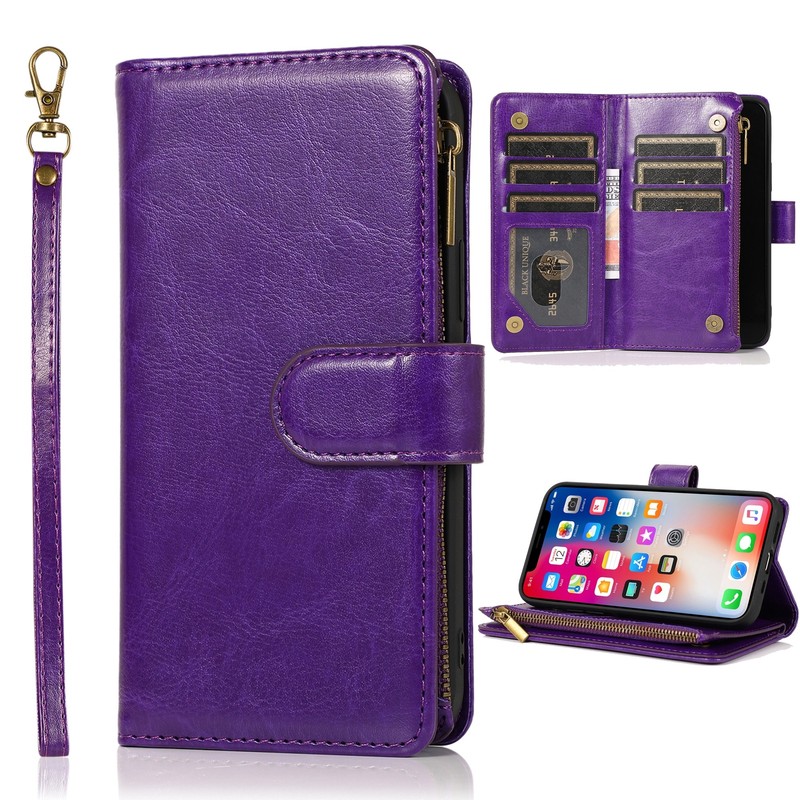 For Samsung Galaxy A01 A21s A12 A53 A54 9 Card Slots Zipper Wallet Case + Strap