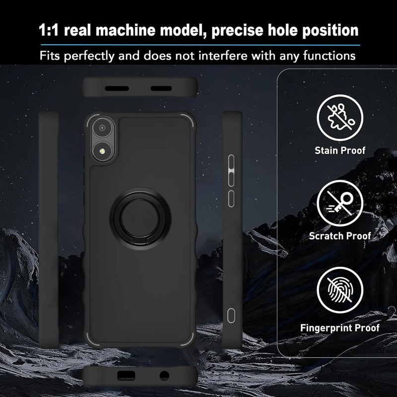 A67L Phone Case with Tempered Glass, Ring Support, 2MM Thick, Black Cover gallery