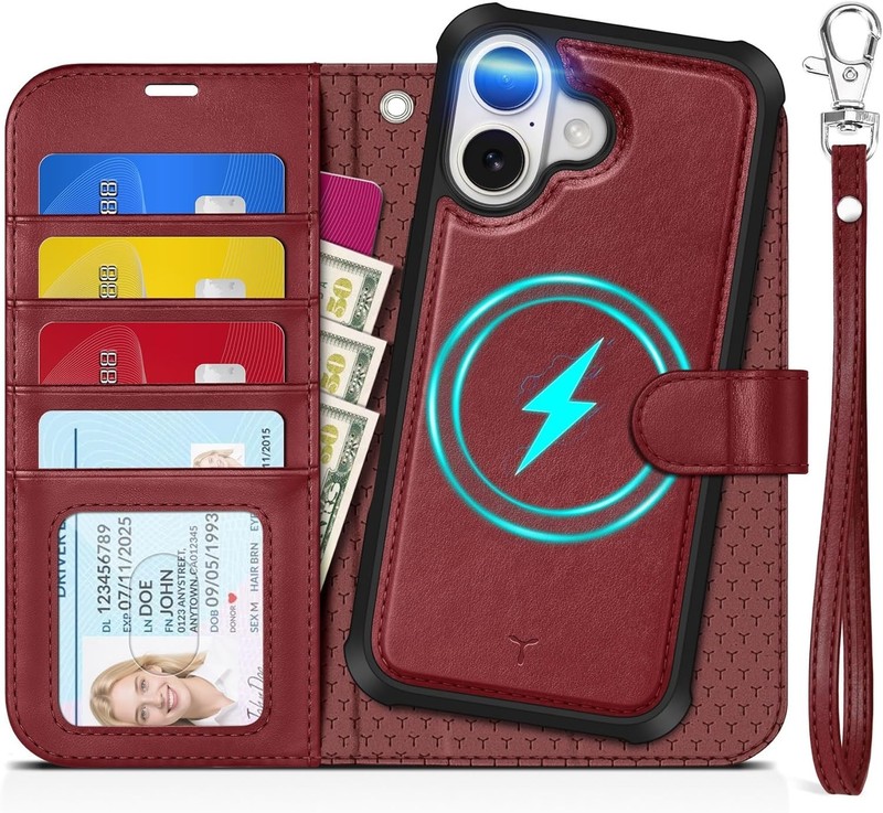 TUCCH Case Wallet for iPhone 17 Pro (6.3-Inch) 2025, Wrist Strap Dark Red