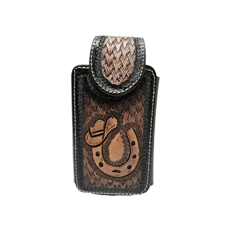 Authentic Mexican Leather Cell Phone Case Hand-tooled Horseshoe And Cowboy hat