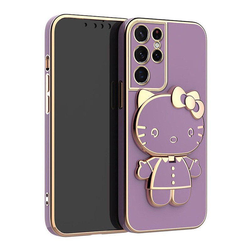For Samsung S25 S24 S23 S22 S21 S20 Hello Kitty Cat Fold Stand Mirror Case Cover