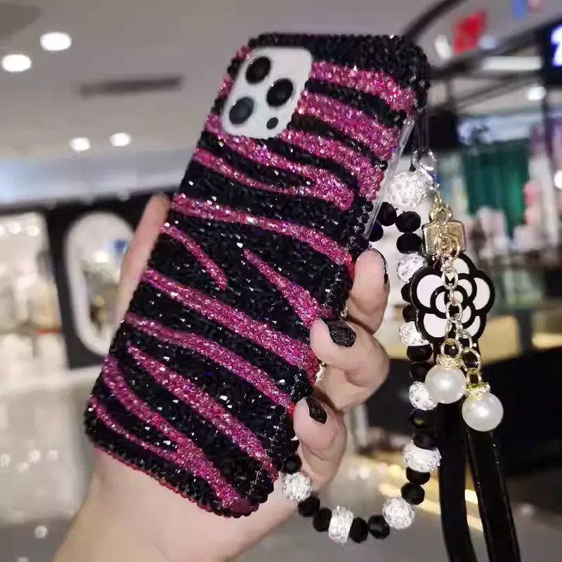 Bling Gem Zebra Print Chain Phone Case for iPhone 17 16 15 14 13 12 11 X Pro Max